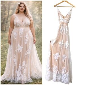 Luxxel Sheer Floral Maxi Dress 1X Nude White Fairycore Ethereal Boho Bridal